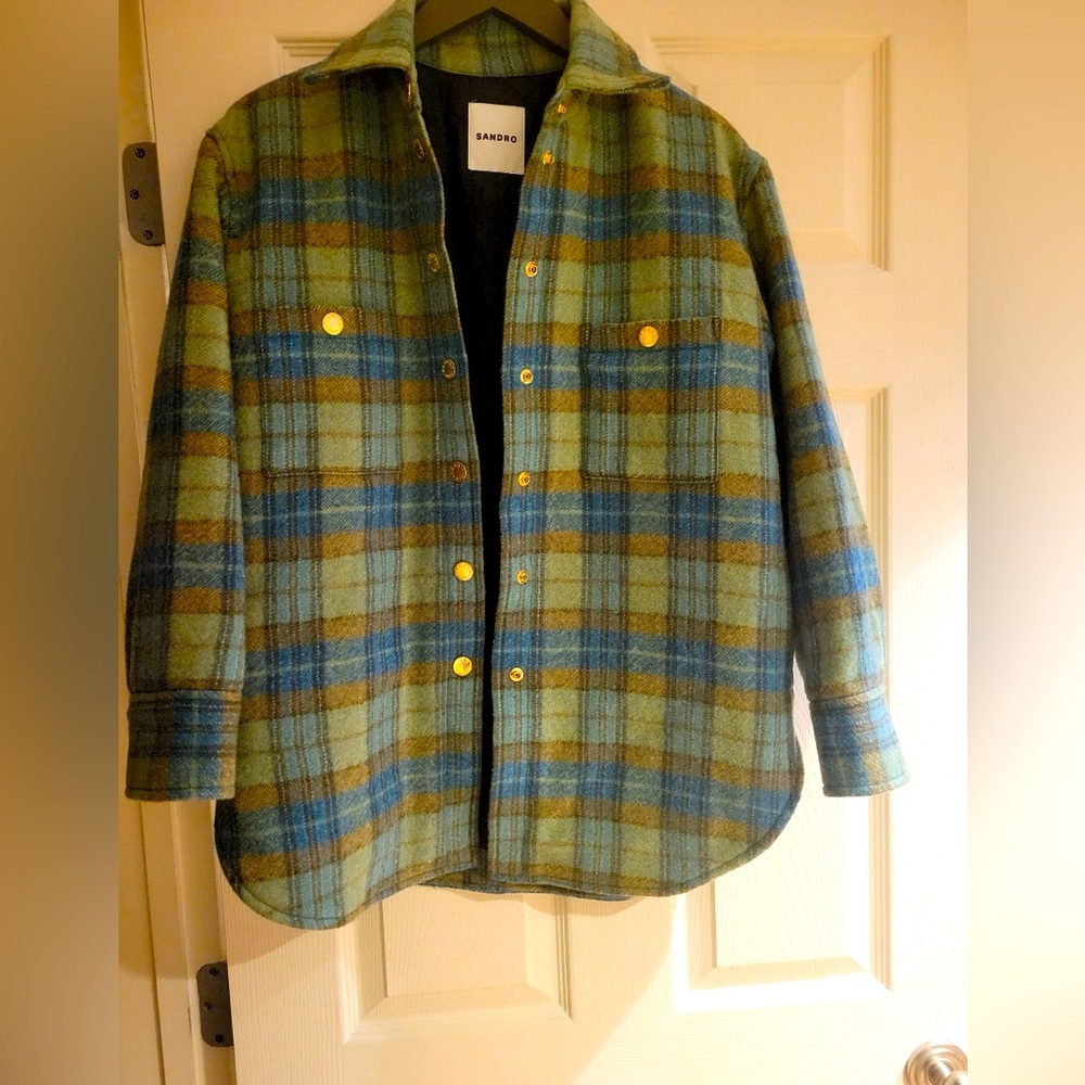 Sandro Padded Plaid Wool Oversized Shirt-Jacket size 34